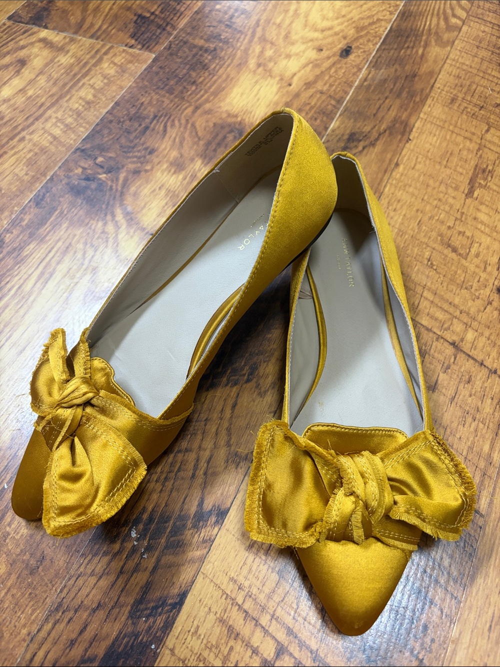 Ann Taylor Yellow Satin Bow Pointed-Toe Flats
